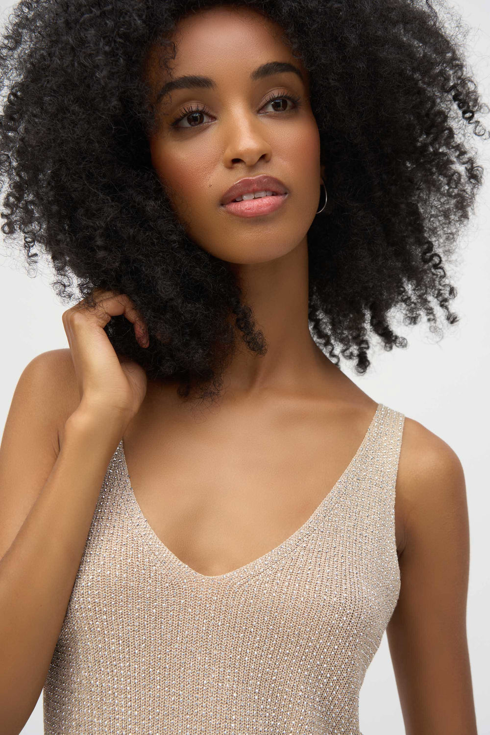 Joseph Ribkoff Metallic Knitted Camisole with Rhinestones Style 252915 - Champagne