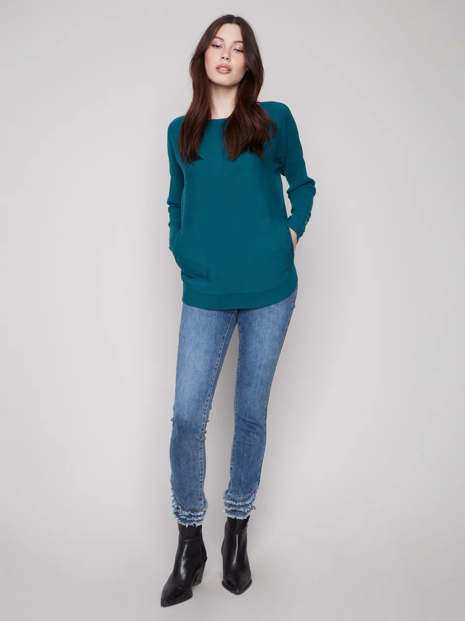 Charlie B. Knit Sweater with Lace Up Cuffs Style C2380Y-464A - Evergreen Teal