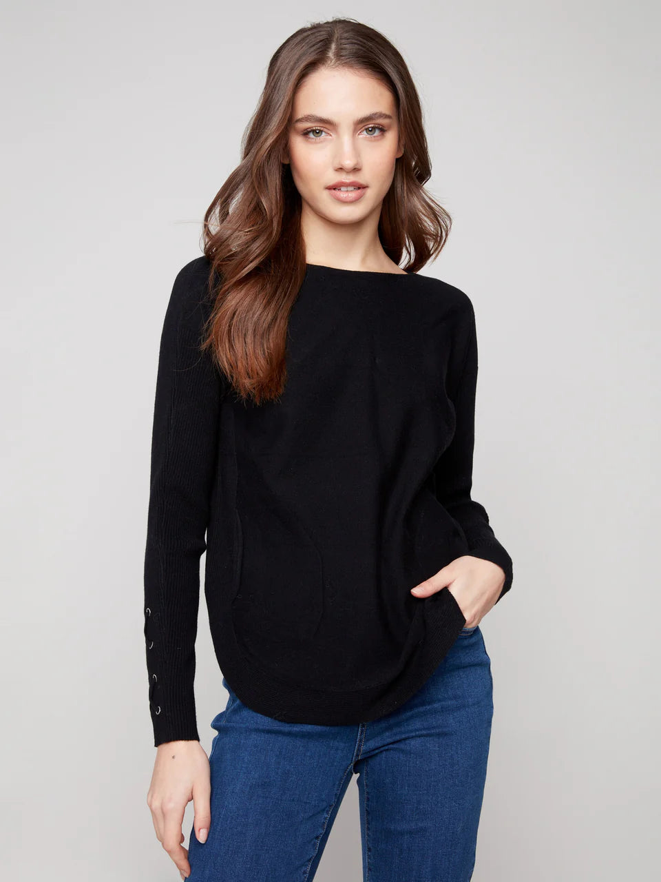 Charlie B. Knit Sweater with Lace Up Cuffs Style C2380Y-464A- Black