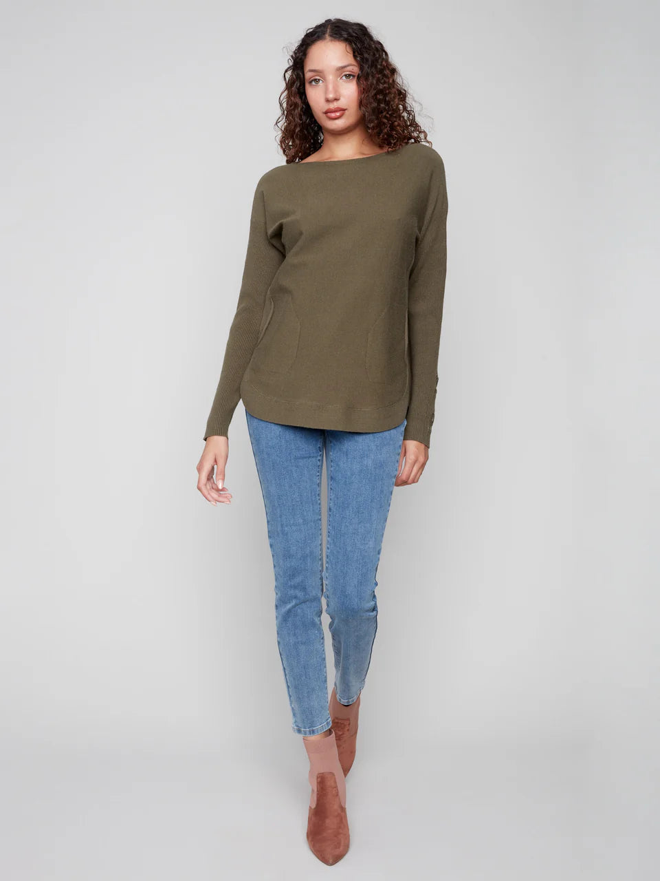 Charlie B. Knit Sweater with Lace Up Cuffs Style C2380Y-464A- Spruce