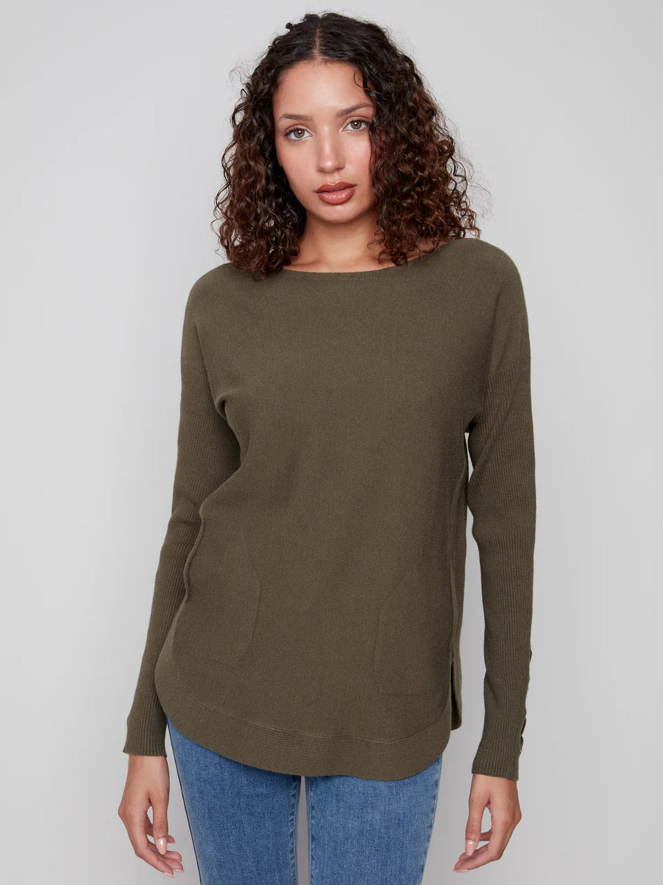 Charlie B. Knit Sweater with Lace Up Cuffs Style C2380Y-464A- Spruce