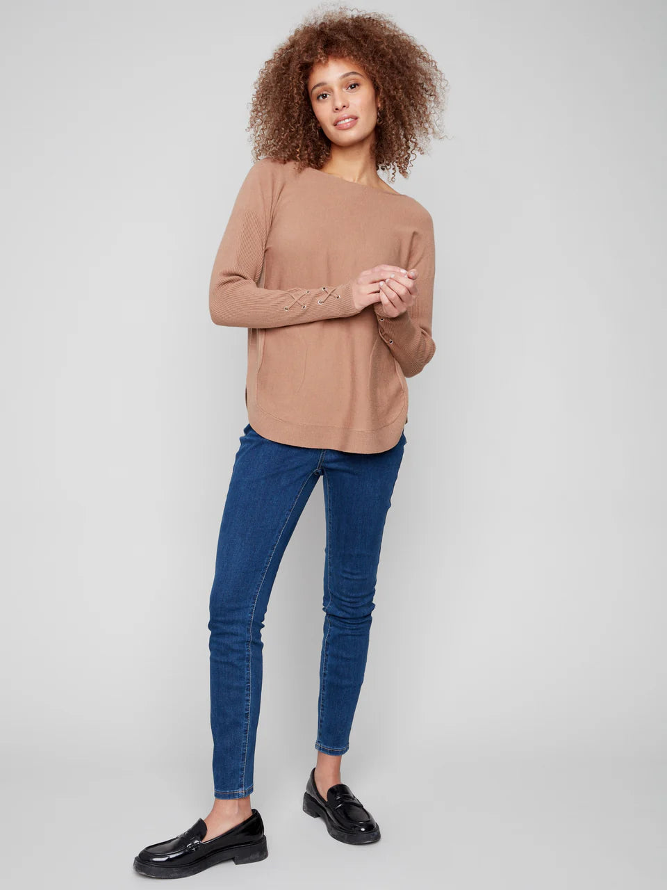 Charlie B. Knit Sweater with Lace Up Cuffs Style C2380Y-464A- Toffee