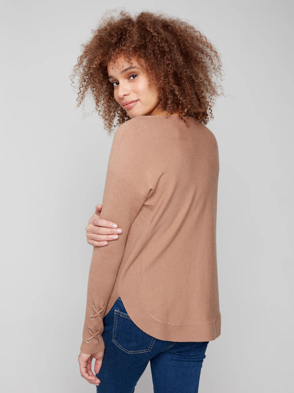 Charlie B. Knit Sweater with Lace Up Cuffs Style C2380Y-464A- Toffee