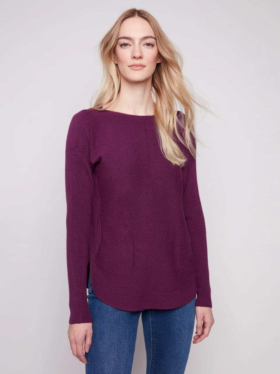 Charlie B. Lace Up Back Detail Lightweight Sweater Style C2170Z-464A - Plum