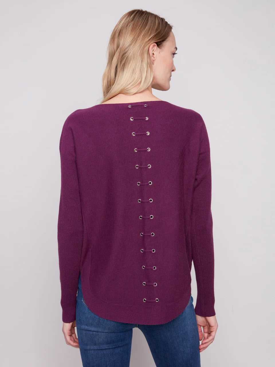 Charlie B. Lace Up Back Detail Lightweight Sweater Style C2170Z-464A - Plum