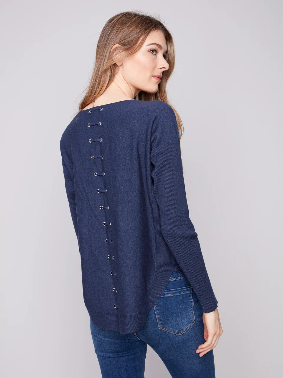 Charlie B. Lace Up Back Detail Lightweight Sweater Style C2170Z-464A - Denim