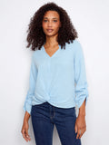 Charlie B. Long Roll Up Sleeve Split Neck Blouse with Front Knot Detail Style C4495C - Bluebell