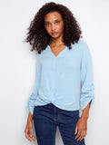 Charlie B. Long Roll Up Sleeve Split Neck Blouse with Front Knot Detail Style C4495C - Bluebell