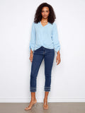Charlie B. Long Roll Up Sleeve Split Neck Blouse with Front Knot Detail Style C4495C - Bluebell