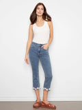 Charlie B. Stretch Crop Denim Pants with Floral Trim at Flare Hem Style C5766 - Medium Blue