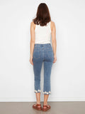 Charlie B. Stretch Crop Denim Pants with Floral Trim at Flare Hem Style C5766 - Medium Blue
