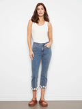 Charlie B. Stretch Crop Denim Pants with Floral Trim at Flare Hem Style C5766 - Medium Blue