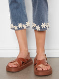 Charlie B. Stretch Crop Denim Pants with Floral Trim at Flare Hem Style C5766 - Medium Blue