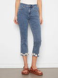 Charlie B. Stretch Crop Denim Pants with Floral Trim at Flare Hem Style C5766 - Medium Blue