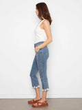 Charlie B. Stretch Crop Denim Pants with Floral Trim at Flare Hem Style C5766 - Medium Blue