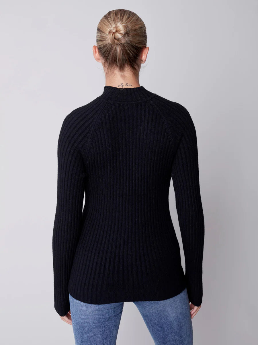 LAST ONE SZ L - Charlie B. Mock Neck Rib Sweater Style C2553 - Black