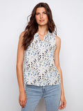 LAST ONE SZ XS - Charlie B. Printed Sleeveless Ruffle Blouse Style C4529RR - Zephyr