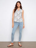 LAST ONE SZ XS - Charlie B. Printed Sleeveless Ruffle Blouse Style C4529RR - Zephyr