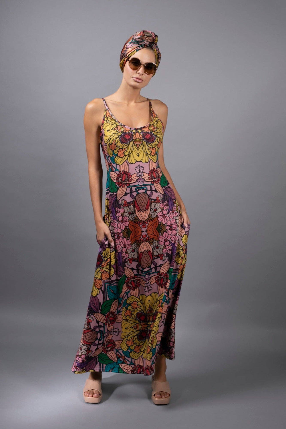 NUVULA Botanical Illustrations Prints Golden Garden Slip Maxi Dress