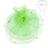 Double Rose Mesh w/ Dotted Veil & Feathers Fascinator: Lime