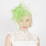 Double Rose Mesh w/ Dotted Veil & Feathers Fascinator: Lime