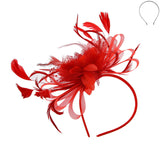 Floral Fascinator Headband w/ Side Loops & Feathers: Red