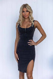 U-Neck Washed Slim Split Denim Dress MK2BLW6W1DR81: Black