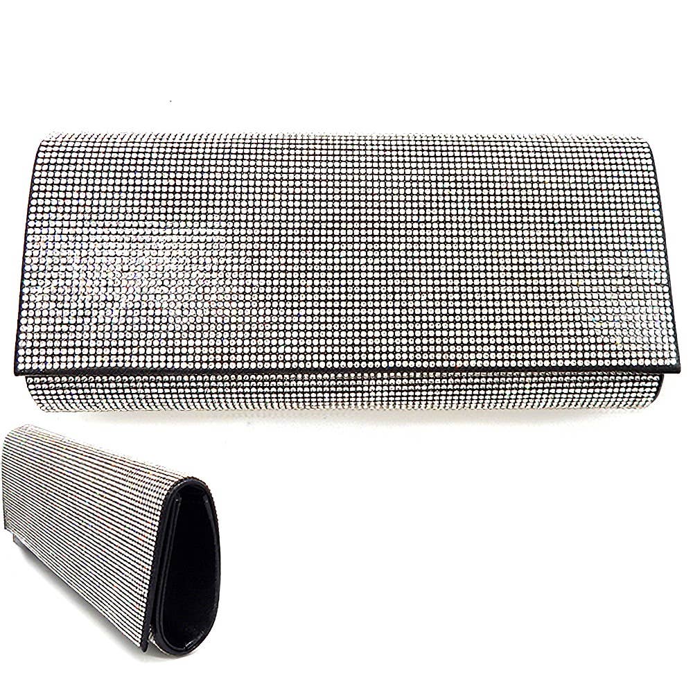 Solid Color Rhinestone Clutch Bag with Shoulder Strap: Black-Clear