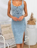 U-Neck Washed Slim Split Denim Dress MK2BLW6W1DR81: Black