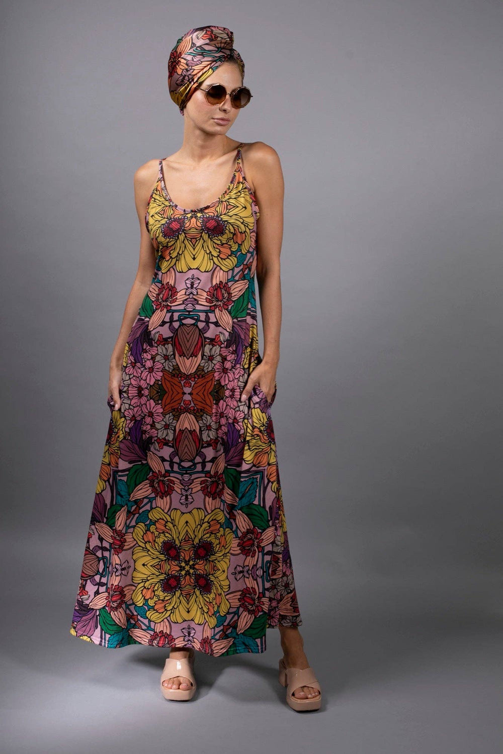 NUVULA Botanical Illustrations Prints Golden Garden Slip Maxi Dress