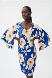 Joseph Ribkoff Satin Floral Print 3/4 Sleeve Sheath Dress Style 232109 - Royal Sapphire/Multi