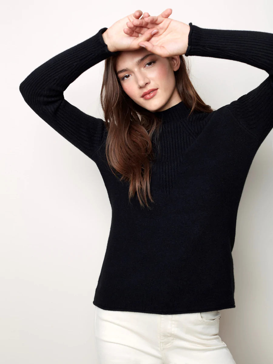 Charlie B. Funnel Neck Sweater C2273RR - Black
