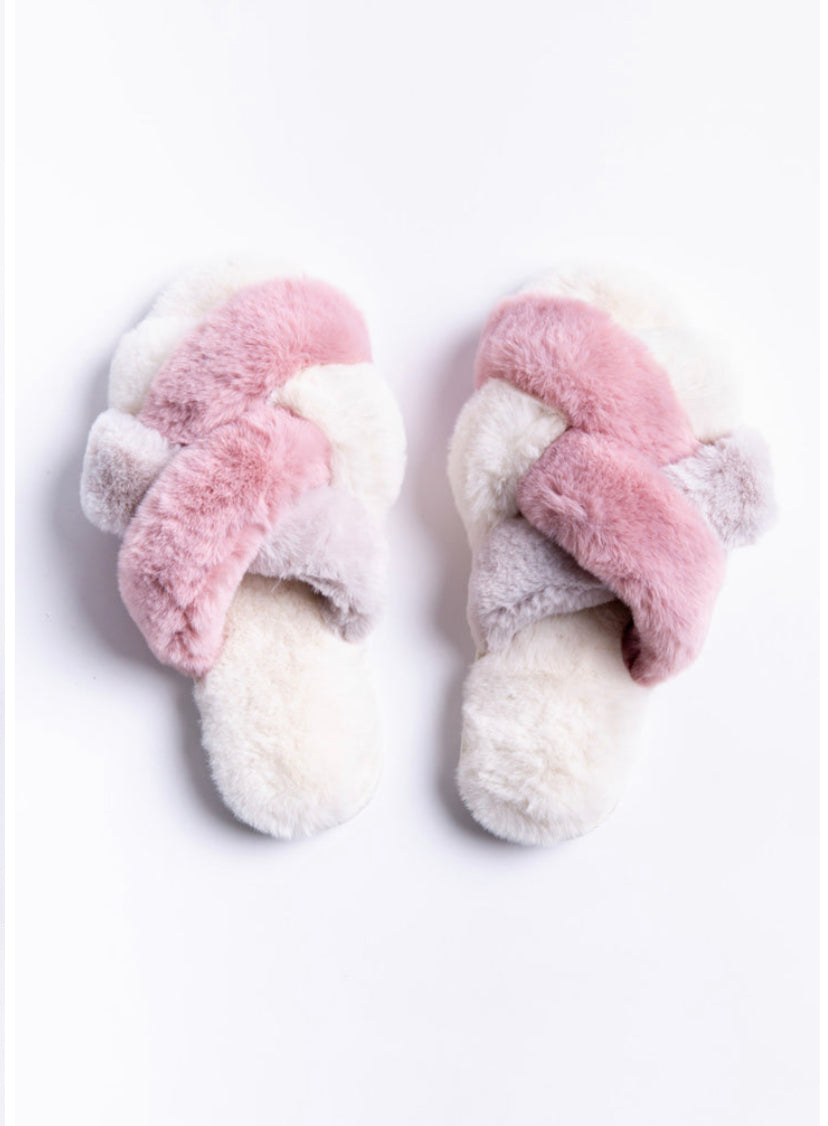LAST ONE SZ S - PJ Salvage Luxe Plush Faux Fur Slippers Style RCLPSL - Pink/Stone