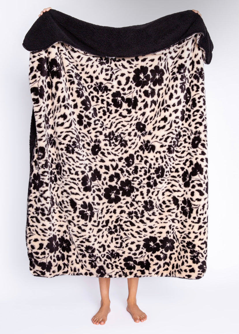 PJ Salvage Cozy Plush Floral Animal Print Blanket Style RECPBL1 - Black / Champagne